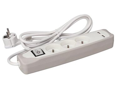 3-VOUDIGE STEKKERDOOS MET SCHAKELAAR - 2 USB-POORTEN - GRIJS/WIT - 1.5 m KABEL - PENAARDE (EB3CGUSB)