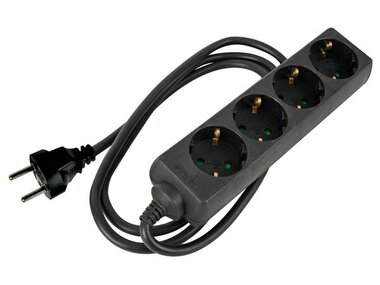 4-VOUDIGE STEKKERDOOS MET KRIMPKOUS - 3G1.5 - 1.5 m KABEL - ZWART - SCHUKO (EB4STBHQ-G)