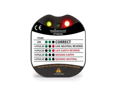 Stopcontactspanningstester - Cat II - 230 V - LED- & zoemerindicatie - Type E/F (Frankrijk/Duitsland) (VTTEST23)