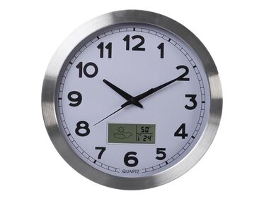 ALUMINIUM WANDKLOK MET LCD-DISPLAY EN THERMOMETER, HYGROMETER & WEERSVOORSPELLING - Ø 35 cm (WC102)